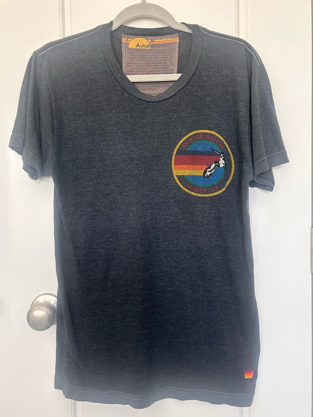 Aviator Nation Men’s Black Short Sleeve Crew with Rainbow Surf Logo